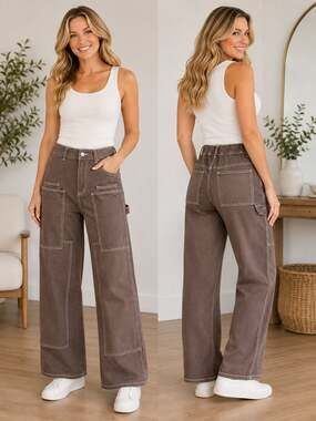Aaron & Amber Brown Wide Leg Carpenter Pants Contrast Stitch Cotton S